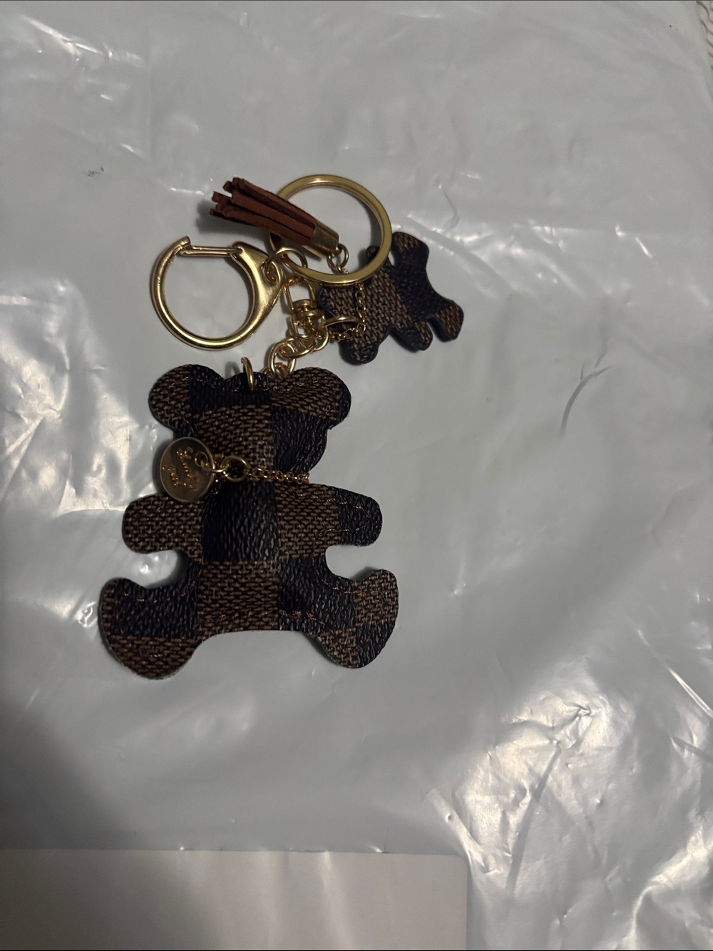 Brown Checkered Teddy Bear Keychain with Gold Hardware